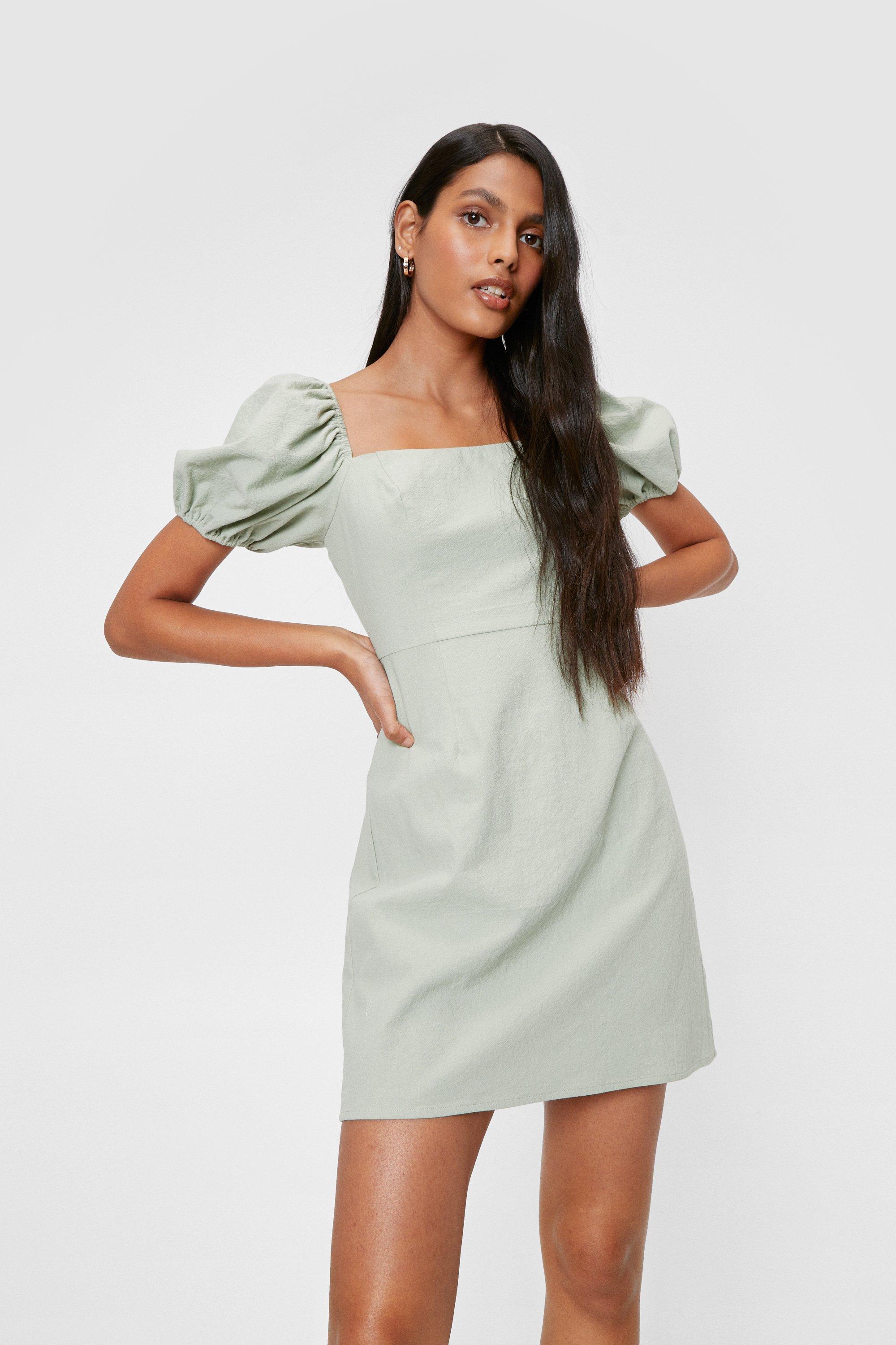 Puff Sleeve Linen Look Mini Dress ...